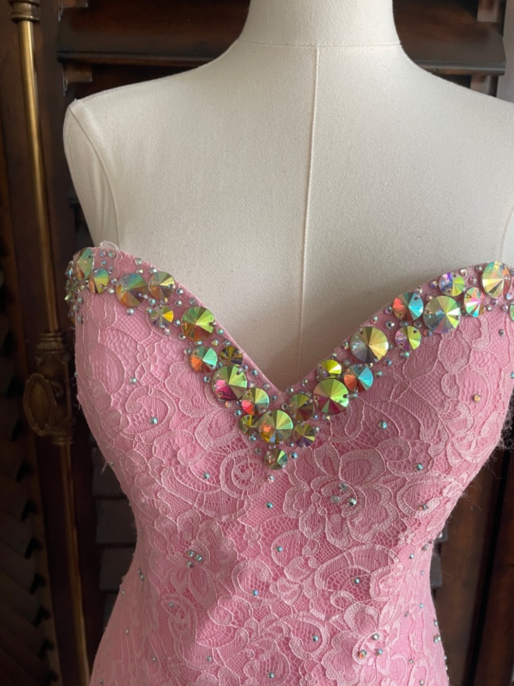 New As Is Strapless Pink Lace Cocktail Dress Embellished Sweetheart Neckline 6 - Picture 6 of 14